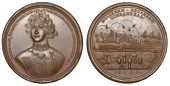 Russia, Capture of Azov, 1696, a bronze Medal by S. Yudin, laureate and armoured bust facing, rev. Battle scene with...