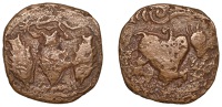 Ceylon, AE unit, c. 850-900, bull amid ornamentation, rev. three fish, 27mm, 14.26g (cf. Mitch 816-22). Cleaned with...