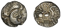British Iron Age, ARMORICA, Abrincatui, silver Stater, c. 70-60 BC, head with crescent-moon shaped face right,...