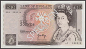 Bank of England, John B. Page, £10, 20 February 1975, serial number A01 000014, light handling, overall...