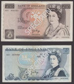 Bank of England, John B. Page, £10 and £5, 1975 and 1973, both serial number A01 000060, each with edge tear in...