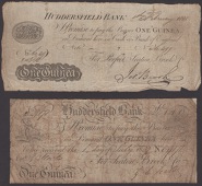 Huddersfield Bank, for Seaton, Brook & Co., 1 Guinea, 1 July 1809, serial number A171, signature of Josh Brook, also...