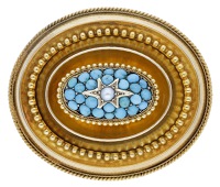 A gold and turquoise brooch, circa 1860, the oval-shaped boss pavé-set with turquoise cabochons and centred with a...