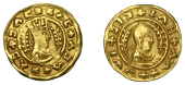 Axumite Coinage, Eon (c. 390) gold unit, +aca+xac+cac+cac, draped bust right wearing tall crown, holding whip, cross...