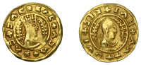 Axumite Coinage, Eon (c. 390) gold unit, +aca+xac+cac+cac, draped bust right wearing tall crown, holding whip, cross...