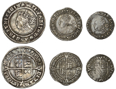 Elizabeth I, Third issue, Sixpence, 1568, mm. coronet, bust 4B, 2.91g/12h; Threepence, 1562/1, mm. pheon, bust 3F,...