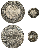 Elizabeth I, Sixth issue, Shilling, mm. escallop, bust 6A, 5.94g/4h; Penny, mm. escallop, 0.60g/3h (N 2014, 2017; S...