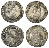 James I, Second coinage, Shilling, mm. lis, third bust, 6.04g/6h; Third coinage, Shilling, mm. lis, sixth bust,...