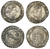 James I, Second coinage, Shilling, mm. lis, third bust, 6.04g/6h; Third coinage, Shilling, mm. lis, sixth bust,...