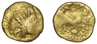 British Iron Age, GALLO-BELGIC, Stater, series B [Ambiani], defaced die, rev. horse right, pellets and ornaments...