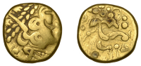 British Iron Age, GALLO-BELGIC, Stater, series C [Ambiani], degraded head of Apollo right, rev. horse right, pellets...