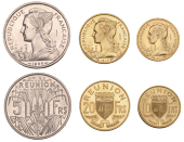 Réunion, Essai Set, 1955, comprising 20, 10, and 5 Francs, struck in aluminium and aluminium-bronze, Paris (KM....