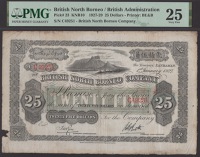 British North Borneo Company, $25, 1 January 1927, serial number C49251, Rose and Rivett signatures, Mount Kinabalu...