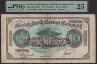 British North Borneo Company, $10, 1 January 1927, serial number D170088, Smelt and Rivett signatures, ink bleed,...