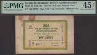 Government of the Straits Settlements, 10 Cents, 1 January 1918, serial number Q/2 49581, Marriott signature as...