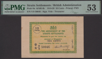 Government of the Straits Settlements, 10 Cents, 6 April 1920, serial number V/9 50046, Pountney signature, minor...