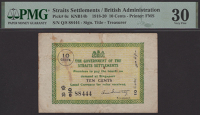 Government of the Straits Settlements, 10 Cents, 8 March 1920, serial number Q/8 88444, Pountney signature, minor...