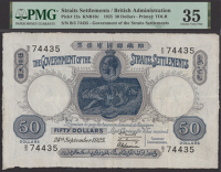 Government of the Straits Settlements, $50, 24 September 1925, serial number B/5 74435, crowned head of George V and...
