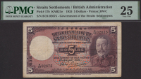 Government of the Straits Settlements, $5, 1 January 1935, serial number B/24 02675, Small signature, in PMG holder...