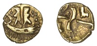 British Iron Age, BELGAE, Uninscribed series, base gold Quarter-Stater, British O [Hampshire Thunderbolt type],...
