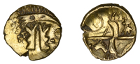 British Iron Age, BELGAE, Uninscribed series, base gold Quarter-Stater, British O [Hampshire Thunderbolt type],...
