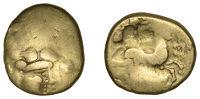 British Iron Age, GAUL, Armorica, Baiocasses, gold Stater, Phase III (2nd-1st Century BC), head right, boar above,...