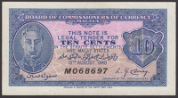 Board of Commissioners of Currency Malaya, 10 Cents, 15 August 1940, serial number M068697, Corney signature,...