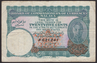 Board of Commissioners of Currency Malaya, 25 Cents, 1 September 1940, serial number F621241, Corney signature, very...