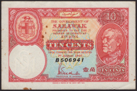 Government of Sarawak, 10 Cents, 1 August 1940, serial number B506941, Trechman signature, several foxing and rust...