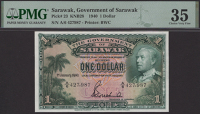 Government of Sarawak, $1, 1 January 1940, serial number A/6 427987, Trechman signature, in PMG holder 35, choice...