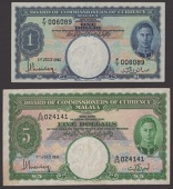 Board of Commissioners of Currency Malaya, $1, 1 July 1941, serial number F/7 006089, also $5, 1 July 1941, serial...