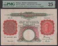 Board of Commissioners of Currency Malaya, $100, 1 January 1942, serial number A/2 63453, Hyman Weisberg signature,...