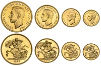 George VI (1936-1952), Proof Set, 1937, comprising Five Pounds, Two Pounds, Sovereign, and Half-Sovereign (S PS15)...