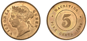 Mauritius, British Mauritius, Victoria, 5 Cents, 1888 (KM. 9). Lightly toned on obverse, otherwise lustrous with...