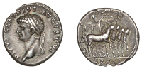 Claudius (41-54), Denarius, 54, laureate head left, divvs clavdivs avgvstvs around, rev. slow quadriga, ornamented,...
