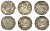 Mauritius, British Mauritius, Victoria, 20 Cents (3), all 1882h, Heaton mint (KM. 11.1) [3]. All toned, fine to good...