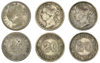 Mauritius, British Mauritius, Victoria, 20 Cents (3), all 1882h, Heaton mint (KM. 11.1) [3]. All toned, fine to good...