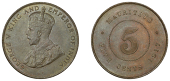 Mauritius, British Mauritius, George V, 5 Cents, 1917 (KM. 14). Toned with a satin finish, almost extremely fine,...