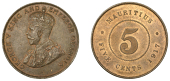 Mauritius, British Mauritius, George V, 5 Cents, 1917 (KM. 14). Toned on obverse, reverse with much original colour...