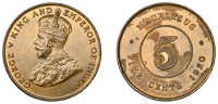 Mauritius, British Mauritius, George V, 5 Cents, 1920 (KM. 14). Lacquered, extremely fine	 £50-£60