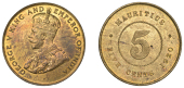 Mauritius, British Mauritius, George V, 5 Cents, 1920 (KM. 14). Lightly toned but with considerable original colour,...