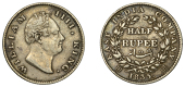 India, British India, William IV, Half-Rupee, 1835b, type D/III, Bombay (Prid. 72; S & W 1.60; KM. 449.1). Toned,...