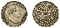 India, British India, William IV, Half-Rupee, 1835b, type D/III, Bombay (Prid. 72; S & W 1.60; KM. 449.1). Toned,...