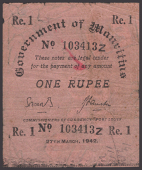 Government of Mauritius, 1 Rupee Emergency Issue, 27 March 1942, serial number 103413Z overprinted on a partial 10...