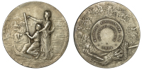 Mauritius, Agricultural and Industrial Exhibition, 1926, a silver medal by J. Rasumny, boy with scythe observing...