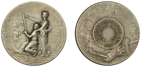 Mauritius, Agricultural and Industrial Exhibition, 1926, a silver medal by J. Rasumny, boy with scythe observing...