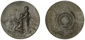 Mauritius, Agricultural and Industrial Exhibition, 1926, a bronze medal by J. Rasumny, boy with scythe observing...