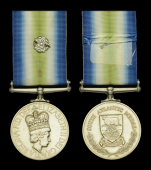 The South Atlantic medal awarded to Marine Engineering Mechanic R. Butters, Royal Navy, who suffered burns when...