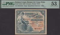 Banque du Congo Belge, 5 Francs, 10 August 1943, quatrieme emission-1943, serial number M543415, in PMG holder 53,...