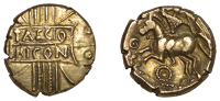 British Iron Age, Catuvellauni, Tasciovanus (25 BC - AD 10), Stater, class 7b, tascio ricon in central panel over...